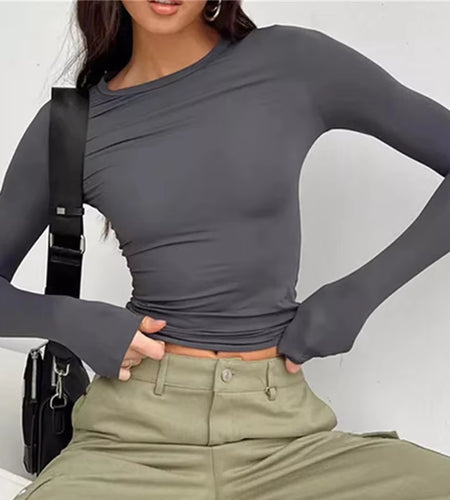 Women Long Sleeve T Shirt Spring Autumn Solid Slim Fit Casual Shirts Female Pullovers Basic Tee Y2K Clothes Streetwear Crop Tops