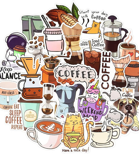 Coffee Stickers for Water Bottles Adults Coffee Stickers for Laptop Coffee Cup Stickers for Scrapbooking Coffee Vinyl Waterproof Stickers 50 Packs