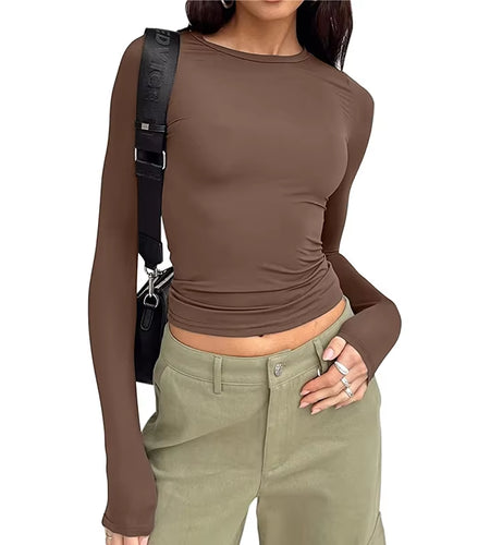 Women Long Sleeve T Shirt Spring Autumn Solid Slim Fit Casual Shirts Female Pullovers Basic Tee Y2K Clothes Streetwear Crop Tops