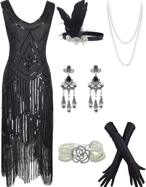 Load image into Gallery viewer, 20S Flapper Gatsby Sequin Beaded Evening Cocktail Dress with Accessories Set
