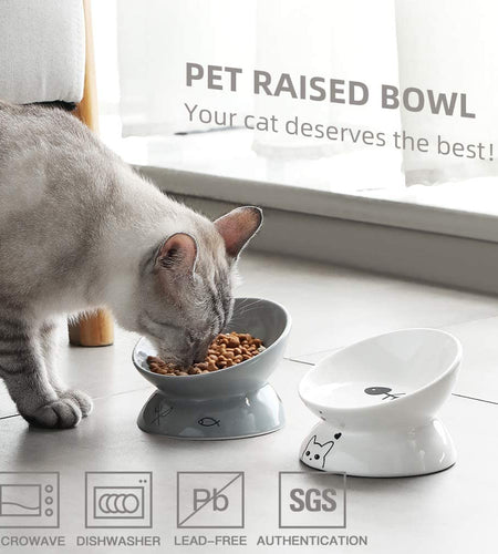 Sweejar Ceramic Raised Cat Bowls, Slanted Cat Dish Food or Water Bowls, Elevated Porcelain Pet Feeder Bowl Protect Cat'S Spine, Stress Free, Backflow Prevention (Grey)